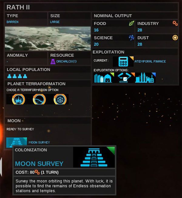 Księżyc na planecie RATH II zostanie zbadany - wynik przedsięwzięcia poznamy w następnej turze - Księżyce - Okno Planety - Endless Space - poradnik do gry
