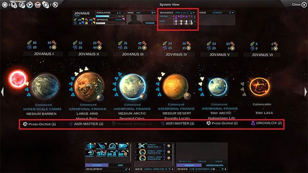 Surowce systemu JOVANUS - z kolei w górnej ramce można przyjrzeć się wszystkim surowcom naszego imperium - Surowce - Endless Space - poradnik do gry
