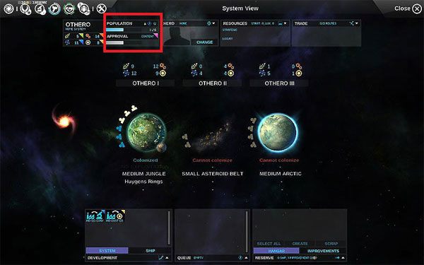 Tutaj zaznaczony poziom populacji i zadowolenie OTHERO 1 - jedynej skolonizowanej planety w tym układzie - FIDS - Układ planetarny - Endless Space - poradnik do gry