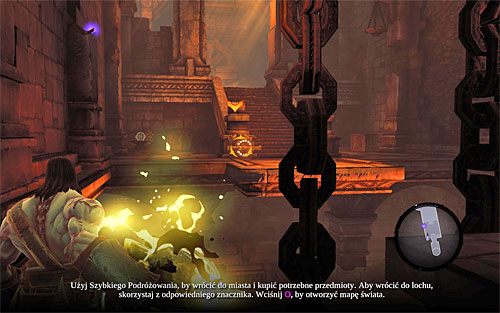 Ponownie podnieś cieniobucha, przy czym teraz wyceluj w pokazany na powyższym screenie przełącznik - Przywróć Górski Ogień (2) | Górski Ogień | Darksiders 2 - Darksiders 2 - poradnik do gry