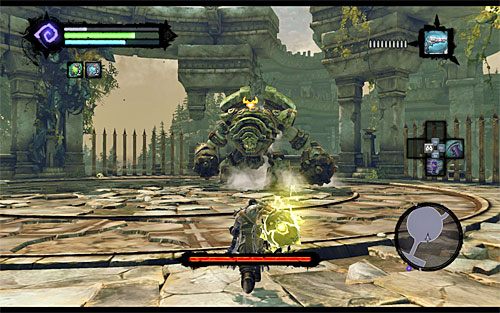 Po zabraniu cieniobucha szybko namierz bossa (klawisz SHIFT), dokonując tego zanim cieniobuch przedwcześnie eksploduje - Boss 5 - Konstrukt gigant | Wiara góry przenosi | Darksiders 2 - Darksiders 2 - poradnik do gry