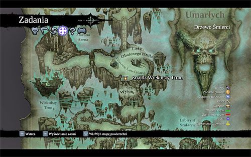 Zacznij od otwarcia mapy świata z zamiarem ustalenia aktualnego celu podróży (powyższy screen) - Znajdź Wiekuisty Tron (1) | Władca Kości | Darksiders 2 - Darksiders 2 - poradnik do gry