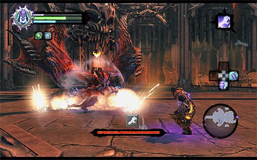 Samael w początkowej fazie bitwy stosuje jeden atak, który występuje w kilku wariantach - Boss 19 - Samael | Władca Czarnej Skały | Darksiders 2 - Darksiders 2 - poradnik do gry