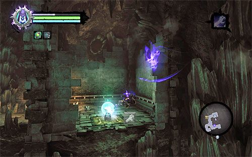 Wybierz z listy umiejętności Uchwyt Śmierci, obniż się nieznacznie na słupie i wykonaj kolejny skok za siebie - Przetrwaj Psychameron (2) | Bazyleus | Darksiders 2 - Darksiders 2 - poradnik do gry