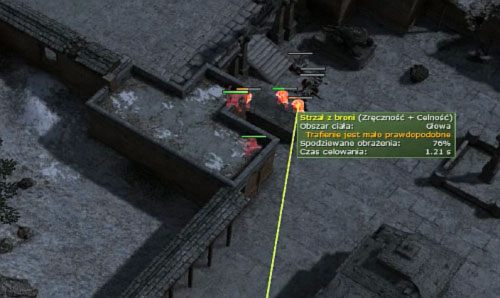 Teraz wybierz najemnika z bronią którą posiada lepszy zasięg i zacznij strzelać do przeciwników z pozycji pokazanej na screenie (zaraz obok punktu na północnym wschodzie) - Temple of Kalaya Yuta[10] - Kampania - połączenie dróg - Jagged Alliance: Crossfire - poradnik do gry