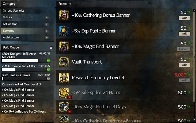 Dostępne ulepszenia z zakładki Economy. - Punkty Influence | Gildie w Guild Wars 2 - Guild Wars 2 - poradnik