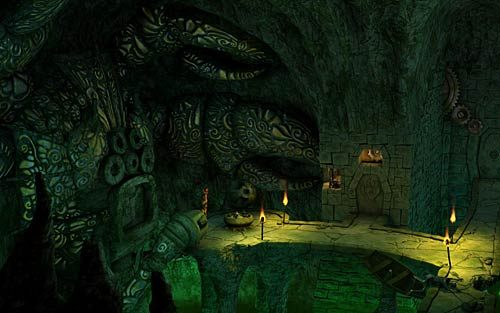 Dotknij Ivo jeszcze raz środkowego kryształu i przejdź do dalszej części świątyni (Jump through the entrance) - Zdobycie artefaktu (1) - Sterownia świątyni - Rozdział 3 - The Sunken Temple - The Book of Unwritten Tales - poradnik do gry