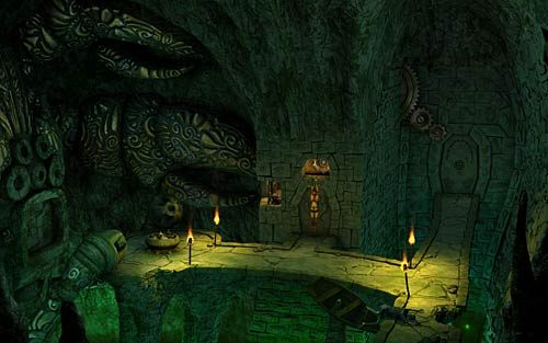 Po prawej stronie jest łódka i jej nieszczęsny pasażer - Zdobycie artefaktu (1) - Sterownia świątyni - Rozdział 3 - The Sunken Temple - The Book of Unwritten Tales - poradnik do gry