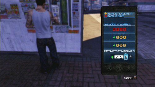 Aby go odgadnąć, musisz wpisywać przykładowe cyfry i sprawdzać czy pasują - Popstar Lead 2 | Zadania policyjne w Sleeping Dogs - Sleeping Dogs - poradnik do gry