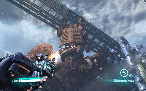 Zeskocz na jedną z dolnych platform i ostrzelaj kawałek czerwonego metalu za stalową osłoną (obrazek) - Rozdział 5 - Cut and Run | Opis przejścia | Transformers Upadek Cybertronu - Transformers: Upadek Cybertronu - poradnik do gry