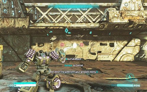 Użyj haka, aby zniszczyć drzwi na posterunku (obrazek) i zacznij kierować się przed siebie - Rozdział 7 - Belly of the Beast | Opis przejścia - Transformers: Upadek Cybertronu - poradnik do gry