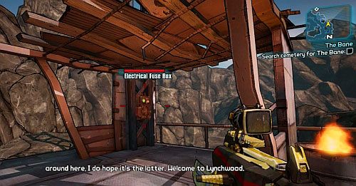Po wyjściu z tunelu, po lewej stronie, odnajdziesz szałas pokazany na obrazku [6], w środku którego zniszcz bezpiecznik - The Bane | Misje poboczne - Sanctuary 3 | Borderlands 2 - Borderlands 2 - poradnik do gry