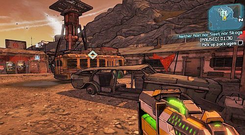 Podejdź do tablicy z zadaniami [1] i rozpocznij zadanie - Neither Rain nor Sleet nor Skags | Misje poboczne - Three Horns Valley - Borderlands 2 - poradnik do gry