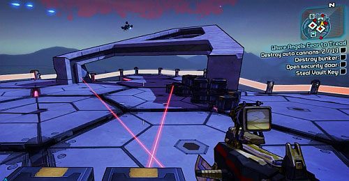 Czasami na arenie, będą pojawiać się wiązki laserów, pokazane na obrazku - Where Angels Fear to Tread part 1, 2 | Zadania główne w Borderlands 2 - Borderlands 2 - poradnik do gry