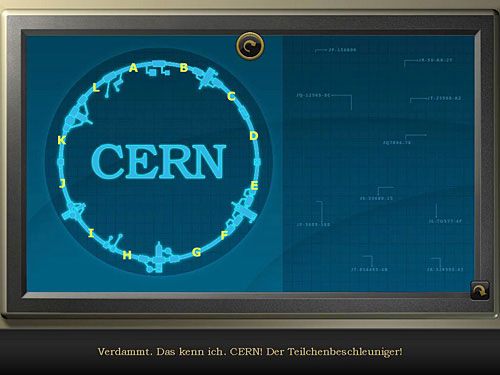 Poprawne ułożenie wszystkich elementów zaowocuje pojawieniem się loga Europejskiej Organizacji Badań Jądrowych - CERN - Odkryj lokalizację kwatery głównej | Rozdział 6 - Lotniskowiec, Hiszpania - Secret Files 3: The Archimedes Code - poradnik do gry