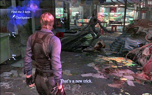 Biegnąc dalej przed siebie, dotrzesz do wymagających trzech kluczy drzwi oraz natkniesz się na nowy rodzaj bestii - 4 - Opuszczony targ | Kampania Leona | Solucja Resident Evil 6 - Resident Evil 6 - poradnik do gry