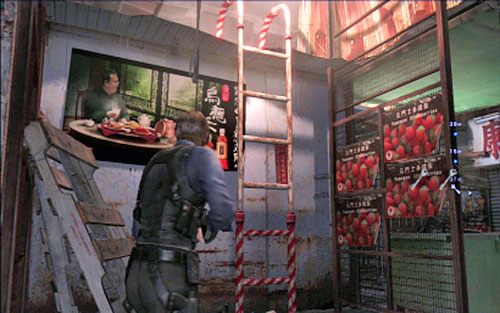 Żeby zdobyć trzeci, musisz wdrapać się na stojącą niedaleko drabinę - 4 - Opuszczony targ | Kampania Leona | Solucja Resident Evil 6 - Resident Evil 6 - poradnik do gry