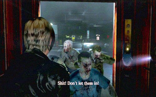 Jak winda się zatrzyma, otwórz drzwi i szybkimi kopnięciami pozbądź się atakujących zombie - 1 - Uczelnia | Kampania Leona | Solucja Resident Evil 6 - Resident Evil 6 - poradnik do gry