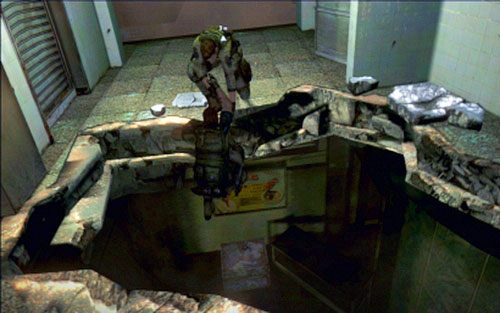 W kolejnym pokoju biegnij w prawo i obiegnij z prawej strony dziurę w ziemi - 1 - Ratowanie zakładników | Kampania Chrisa | Solucja Resident Evil 6 - Resident Evil 6 - poradnik do gry