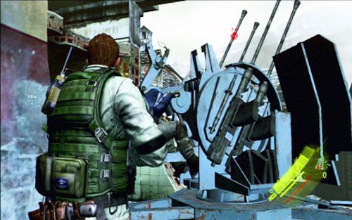 Jak tylko odzyskasz kontrolę nad postacią, odwróć się i wbiegnij do wskazanego budynku z prawej - 2 - Działka przeciwlotnicze | Kampania Chrisa | Solucja Resident Evil 6 - Resident Evil 6 - poradnik do gry