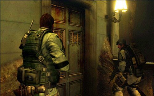 Po kolejnej cut-scence wejdź na piętro budynku, a następnie otwórz wskazane drzwi - 2 - Opuszczona posiadłość | Kampania Chrisa | Solucja Resident Evil 6 - Resident Evil 6 - poradnik do gry