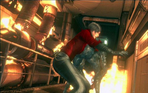 Dojdziesz w ten sposób do płomieni, gdzie zaatakują cię dwa rozpadające się mutanty - 4 - Potrójny zamek; Trzy fragmenty kodu | Kampania Ady Wong - Resident Evil 6 - poradnik do gry