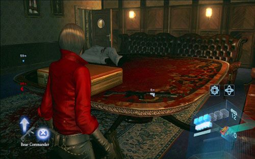 W środku pokonaj kolejnych wrogów oraz podnieś karabin maszynowy leżący na stole - 4 - Potrójny zamek; Trzy fragmenty kodu | Kampania Ady Wong - Resident Evil 6 - poradnik do gry