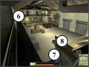 Zejdź na dół - tam na górze, gdzie poprzednio zabiłeś jednego przeciwnika, pojawi się dwóch nowych - kucnij i pojedynczymi strzałami zdejmij ich (9) (10) - Praga | Soldier of Fortune 2 Double Helix - Soldier of Fortune 2: Double Helix - poradnik do gry