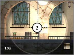 Idź w prawo, zacznij strzelać ze snajperki - zabij dwóch stojących przy wejściu do posiadłości (3) (4), potem poczekaj chwilę na trzeciego (5) - Vergara | Soldier of Fortune 2 Double Helix - Soldier of Fortune 2: Double Helix - poradnik do gry