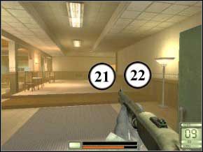 Teraz wróć się do schodów, zejdź na dół, od razu zdejmij strażnika, który wybiegnie z pokoju (23), a następnie jego kolegę po lewej (24) - Vergara | Soldier of Fortune 2 Double Helix - Soldier of Fortune 2: Double Helix - poradnik do gry