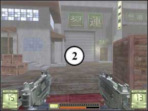 Za skrzynkami jest kolejnych dwóch, z czego jeden trochę dalej po prawej - najpierw zabij właśnie jego (3), potem za pomocą granatnika jego kolegę za skrzynkami (4) - Hongkong | Soldier of Fortune 2 Double Helix - Soldier of Fortune 2: Double Helix - poradnik do gry