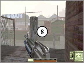 Idź do bramy po prawej, wejdź, a gdy zaczną się zbiegać Chińczycy - uciekaj i stań w pozycji pokazanej na obrazku - Hongkong | Soldier of Fortune 2 Double Helix - Soldier of Fortune 2: Double Helix - poradnik do gry