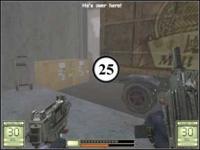 Biegnij ulicą, tuż po lewej znajdziesz strażnika (26), stań na jego miejscu i popatrz na ulicę - z lewej wybiegnie następny (27) - Hongkong | Soldier of Fortune 2 Double Helix - Soldier of Fortune 2: Double Helix - poradnik do gry