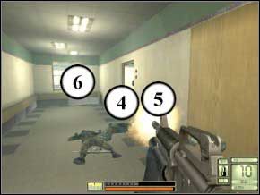 Idź korytarzem, schowaj się za ścianę - za pomocą swojego M4 zabij najpierw jedną parę przeciwnika (7) (8), potem drugą (9) (10), całkiem nieźle sprawdzi się tez tutaj granatnik - New York | Soldier of Fortune 2 Double Helix - Soldier of Fortune 2: Double Helix - poradnik do gry