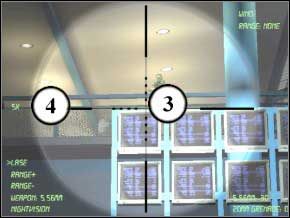 Idź w lewo - za stoiskami z gazetami będzie dwóch terrorystów, zabij ich (5) (6) i się odwróć - poczekaj, aż z tyłu przybiegnie kolejny przeciwnik, zabij go, po czym skieruj kroki do toalet (7) - Switzerland | Soldier of Fortune 2 Double Helix - Soldier of Fortune 2: Double Helix - poradnik do gry