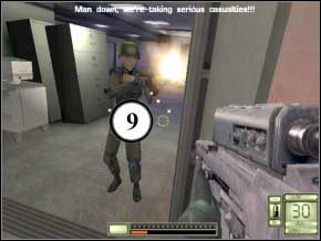 Po lewej zabijesz strażnika (10), wejdź do pomieszczenia - za szybami po lewej i prawej będzie dwóch jego kolegów (11) (12) - Texas | Soldier of Fortune 2 Double Helix - Soldier of Fortune 2: Double Helix - poradnik do gry