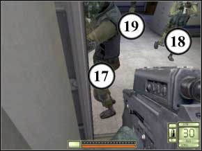 Jeszcze nie możesz bezkarnie biegać sobie w korytarzu, jest tu trzech strażników - jeden w lewym korytarzu (20), dwóch w prawym (21) (22) - Texas | Soldier of Fortune 2 Double Helix - Soldier of Fortune 2: Double Helix - poradnik do gry