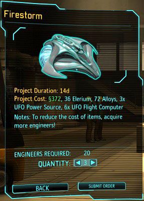 Niezależnie czy potrzebujemy jeden czy trzy myśliwce, produkcja zajmie 14 dni. - Produkcja i ulepszanie ekwipunku w XCOM Enemy Unknown | Baza - XCOM: Enemy Unknown - poradnik do gry