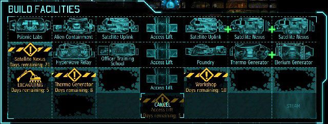 Rozbudowana baza XCOM; niektóre pomieszczenia są jeszcze w trakcie budowy. - Produkcja i ulepszanie ekwipunku w XCOM Enemy Unknown | Baza - XCOM: Enemy Unknown - poradnik do gry