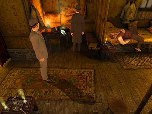Wróć do palarni i ze stolika w pierwszej wnęce po lewej weź szklankę z brudną wodą - Dostań się do zamkniętego pomieszczenia | Jatka w Whitechapel - Testament Sherlocka Holmesa - poradnik do gry