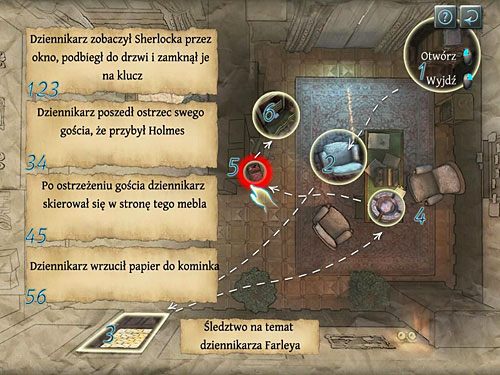 Kliknij zatem strąconą z biblioteczki książkę - odtworzone przez Holmesa czynności dziennikarza nie tłumaczą jego podejścia do regału - Zlokalizuj tajne przejście | Wizyta w biurze O. Farleya - Testament Sherlocka Holmesa - poradnik do gry