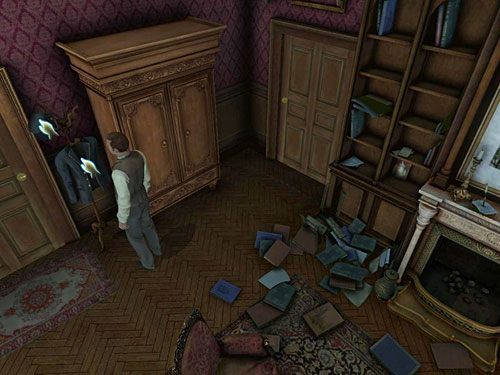 A ze stojącego przy szafie (obok drzwi sypialni Watsona) wieszaka zdejmij kolejną marynarkę i kapelusz - Skompletuj trzy przebrania | Kryjówka w Whitechapel - Testament Sherlocka Holmesa - poradnik do gry