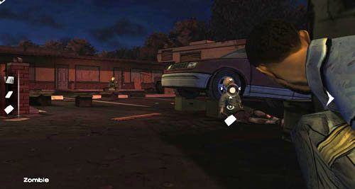 Po dotarciu do nowej kryjówki wychyl się w lewo i użyj poduszki na zombie, który leży przy samochodzie obok (Zombie) - 5 - Its Just One Bullet - Motel | Epizod I - A New Day | The Walking Dead - The Walking Dead - poradnik do gry