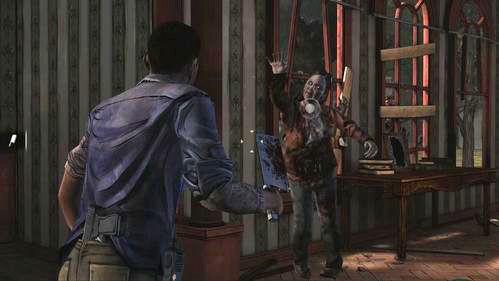 Kolejny dialog nie wnosi nic szczególnego do rozwoju akcji, ponieważ po wybraniu dowolnej opcji zombie i tak wedrą się do środka - 2 - Siege | Epizod V - No Time Left | Solucja The Walking Dead - The Walking Dead - poradnik do gry