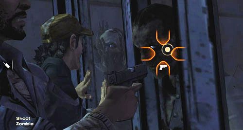 (2) Ponieważ drzwi nie zamkną się w ten sposób, będziesz musiał z bliska strzelić jednemu zombie w głowę (Shoot: Zombie) - 5 - Georgias Last City - Przybycie i akumulator | Epizod IV - Around Every Corner - The Walking Dead - poradnik do gry