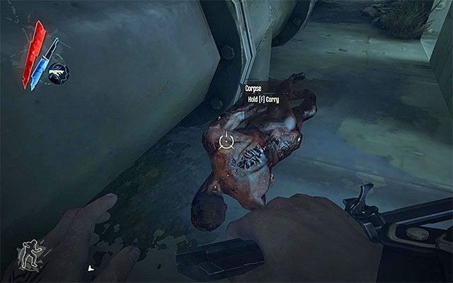 Zwróć uwagę na znajdujące się po prawej stronie ciało mężczyzny - Przedostanie się na górny poziom śluzy | Misja 6 - Return to the Tower - Dishonored - poradnik do gry