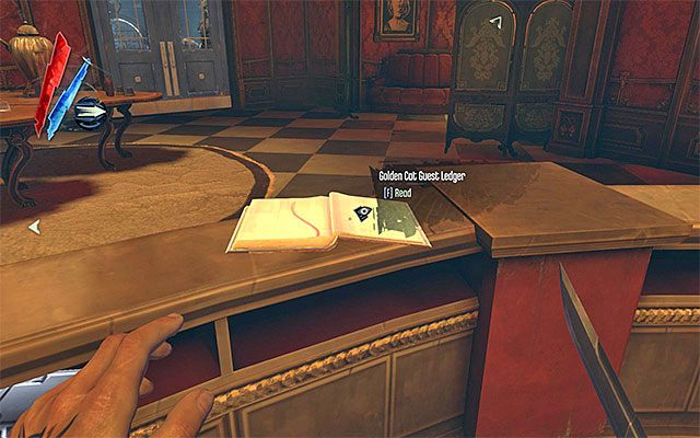 Na parterze klubu Złoty Kot odnajdziesz przede wszystkim recepcję i warto się tu rozejrzeć za złotem, książką oraz księgą gości (Golden Cat guest ledger), dzięki której ustalisz w jakich pomieszczaniach przebywają poszczególni goście klubu - Zbadanie klubu Złoty Kot | Misja 3 - House of Pleasure | Dishonored - Dishonored - poradnik do gry