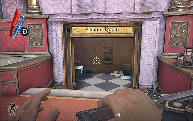 Na obrzeżach głównego pomieszczenia pierwszego piętra znajdują się schody prowadzące do łaźni (Steam Room - powyższy screen) - Zbadanie klubu Złoty Kot | Misja 3 - House of Pleasure | Dishonored - Dishonored - poradnik do gry