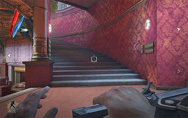 Pozostań w głównym obszarze klubu i zlokalizuj schody prowadzące na drugie piętro (powyższy screen) - Zbadanie klubu Złoty Kot | Misja 3 - House of Pleasure | Dishonored - Dishonored - poradnik do gry