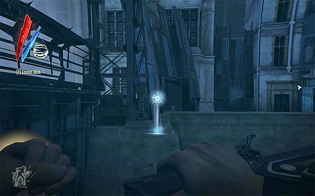 Najmniej oczywisty sposób zakłada użycie mocy Blink (teleportacja) w miejscu, w którym oba brzegi rzeki znajdują się najbliżej siebie, czyli na lewo od dużego mostu (powyższy screen) - Przedostanie się na drugą stronę rzeki | Misja 5 - Lady Boyles Last Party - Dishonored - poradnik do gry